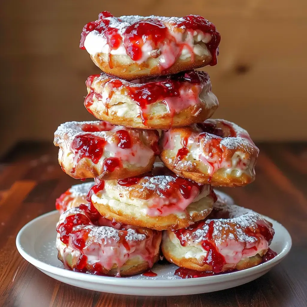 Des beignets empilés avec glaçage rose et confiture, saupoudrés de sucre, présentés sur une assiette.