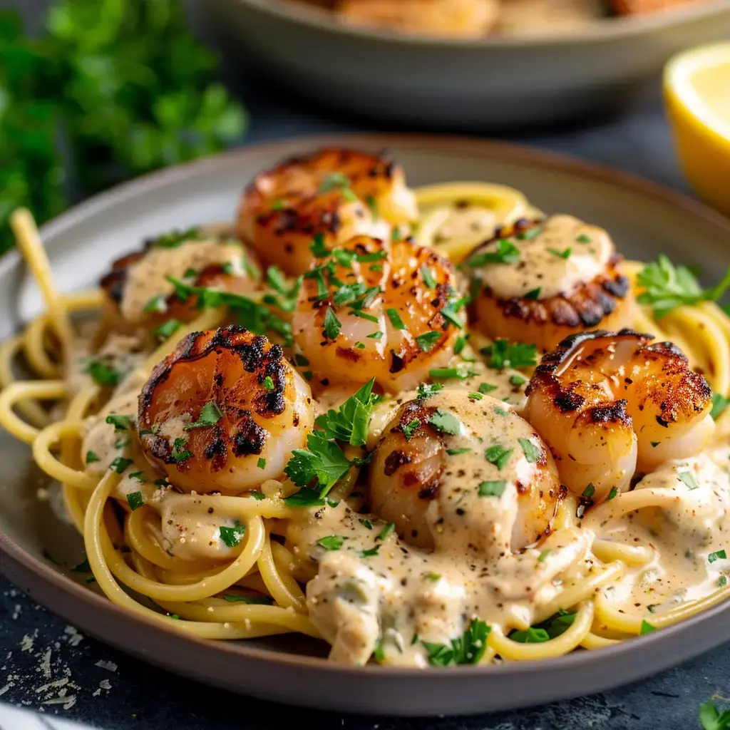 Une assiette de pâtes surmontées de coquilles Saint-Jacques dorées, enrobées d'une sauce crémeuse et garnies de persil frais.