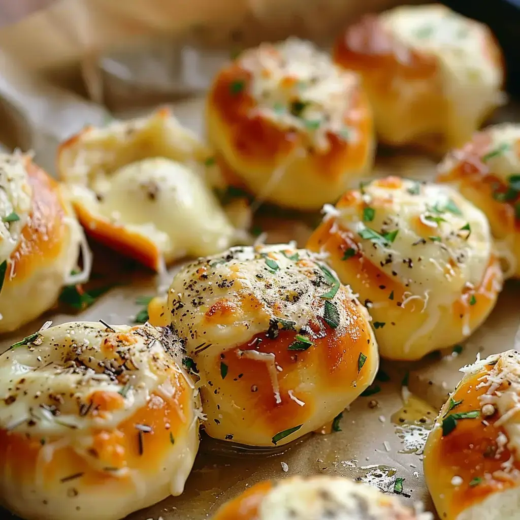Des petites boules dorées au fromage garnies d'herbes et de poivre tout juste sorties du four.