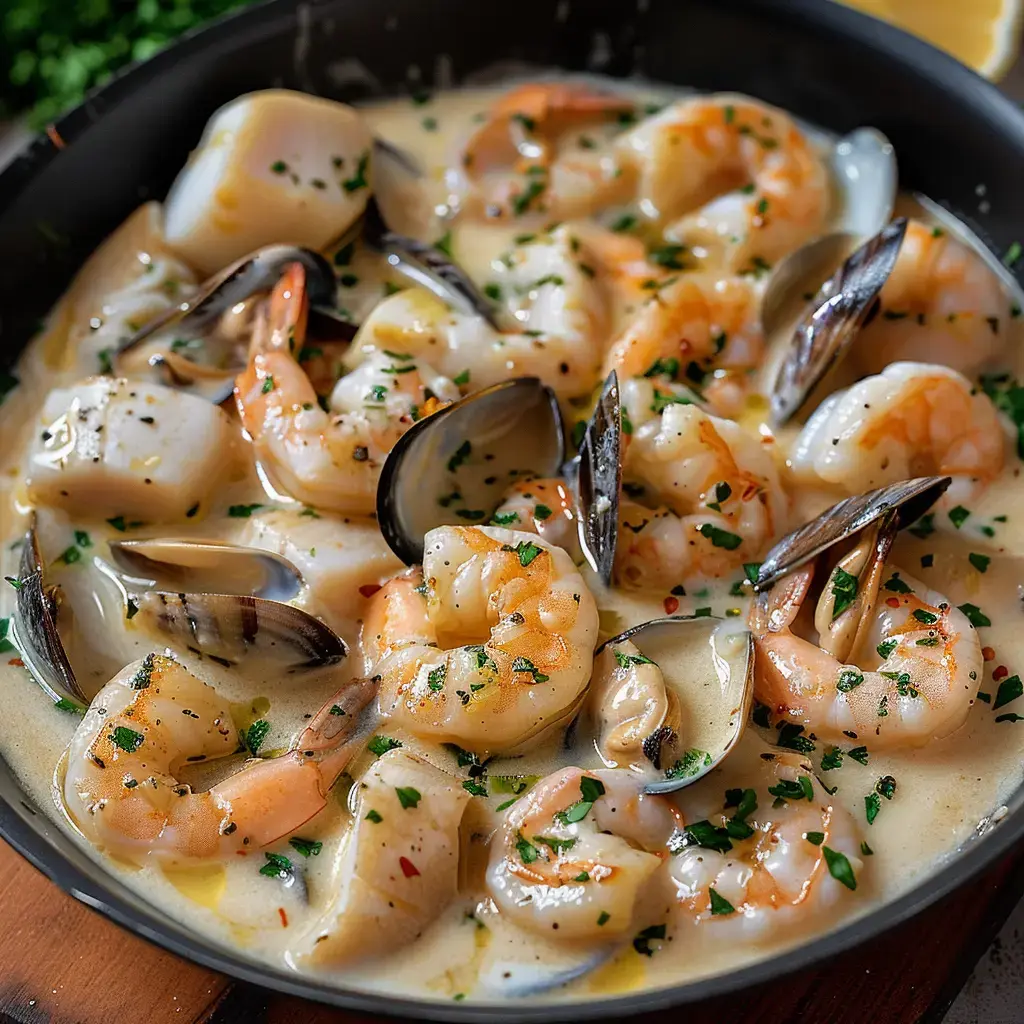 Une assiette de fruits de mer avec crevettes, Saint-Jacques et coques, nappés d'une sauce crémeuse et parsemés de persil.