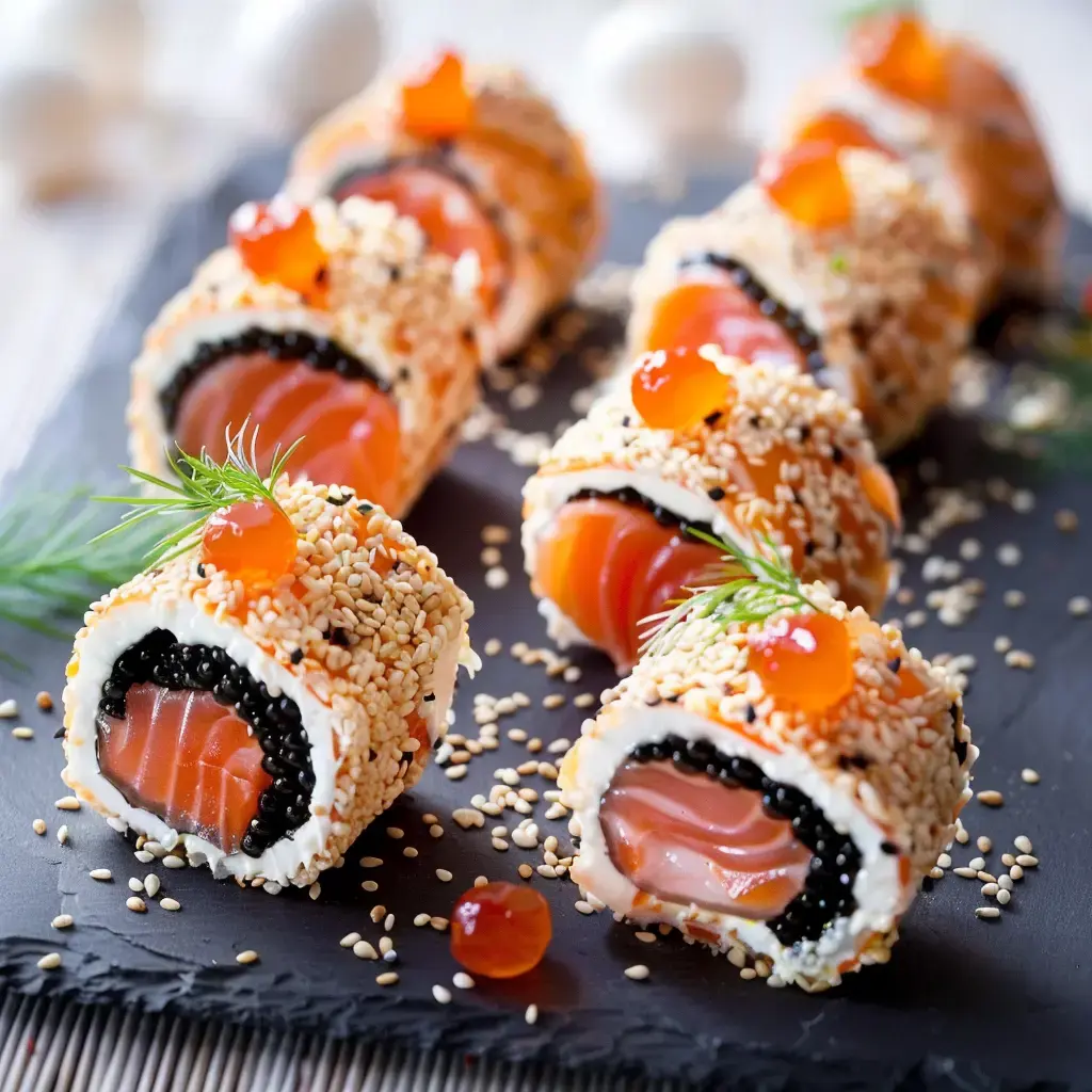 Des rouleaux garnis de saumon, crème, œufs de poisson et sésame, disposés sur une planche sombre.