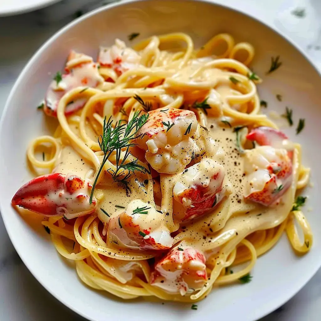 Linguine nappées de sauce crémeuse au homard avec des morceaux généreux et un peu d'aneth frais.