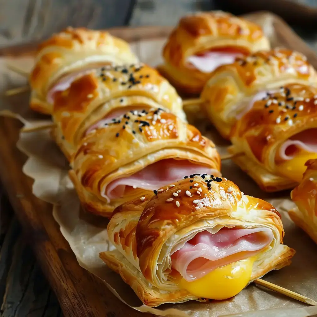 Des spirales feuilletées au jambon avec dorure à l'œuf, saupoudrées de graines noires, servies sur un plateau en bois rustique.