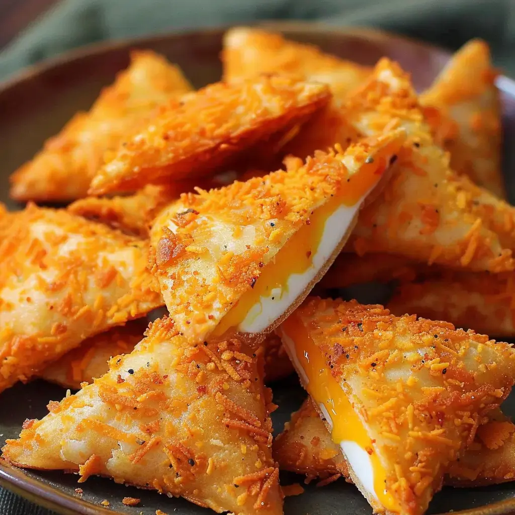 Des triangles croustillants au fromage fondu, servis sur une assiette noire.