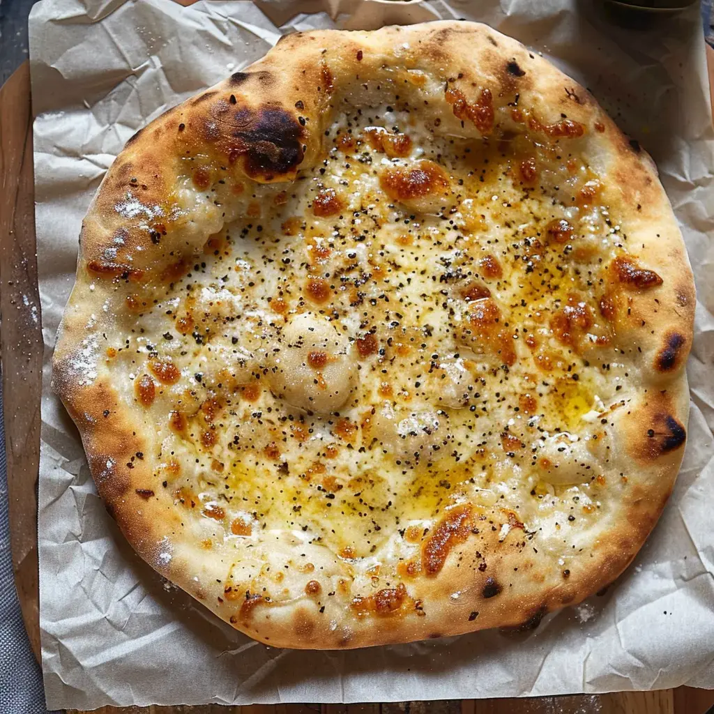 Un grand disque de pâte dorée, nappé d'huile d'olive et parsemé d'épices, repose sur du papier cuisson.