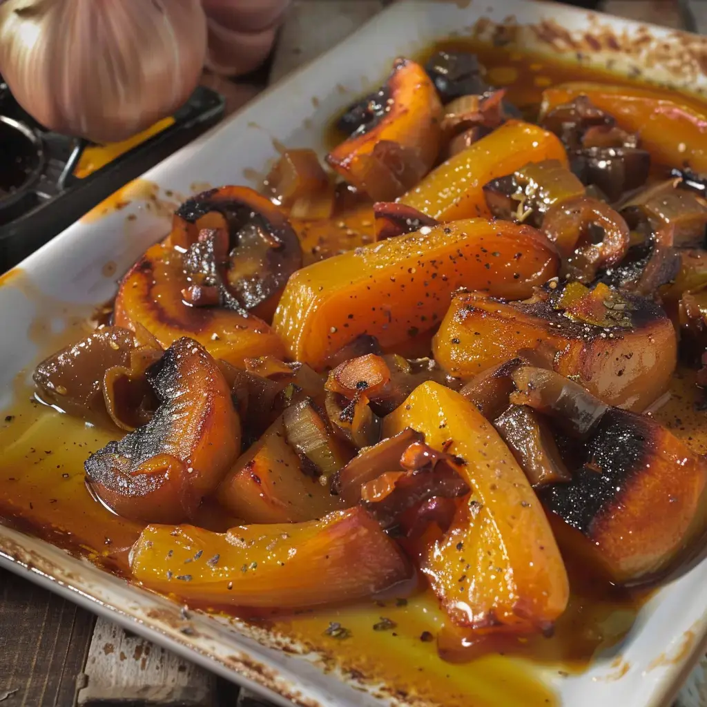 Des légumes grillés aux teintes variées, surtout des morceaux de potiron et d'oignon, sont servis dans une assiette avec un nappage brillant.