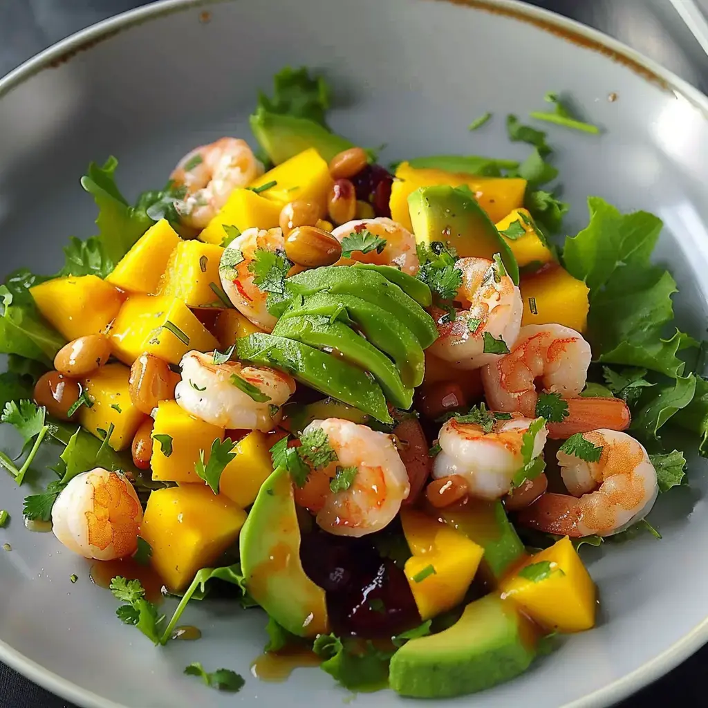 Une salade colorée composée de crevettes, de mangue, d'avocat, de noix et de coriandre sur un lit de laitue.