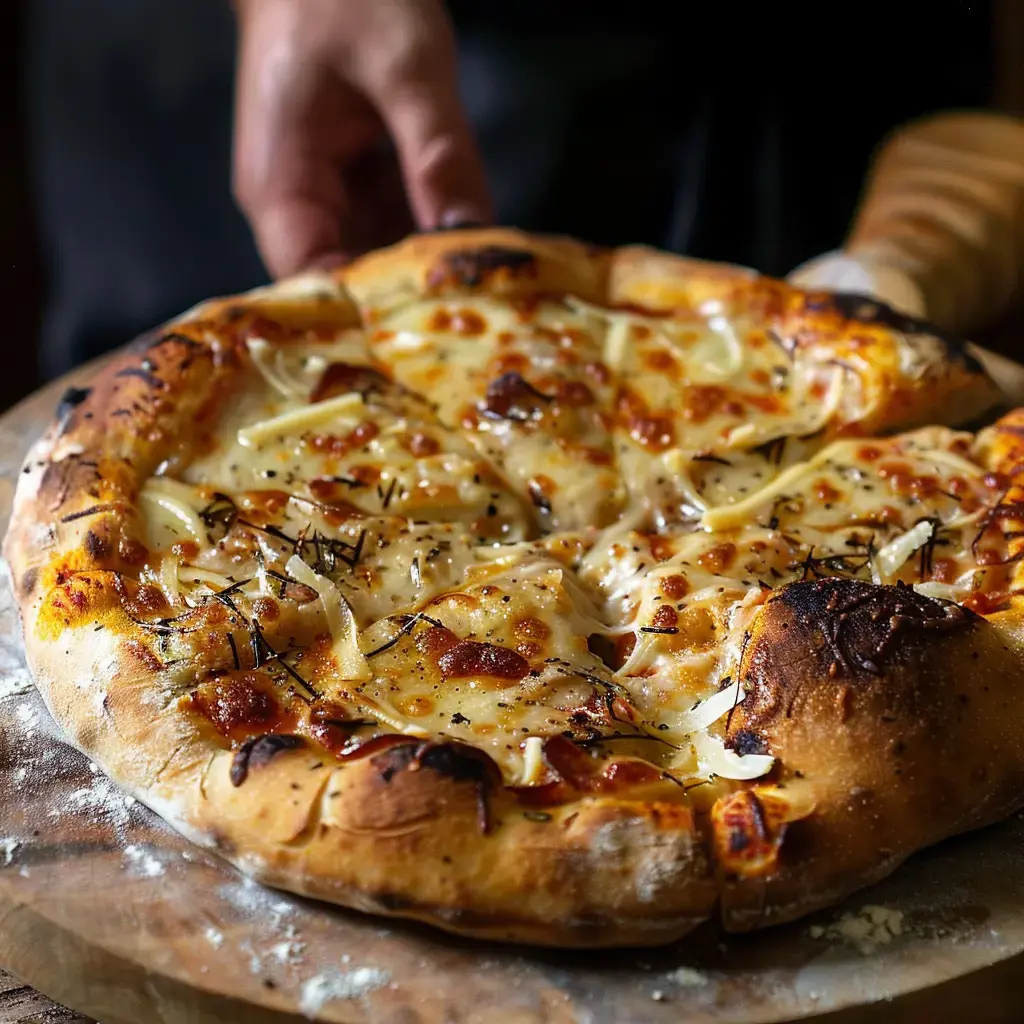 Une pizza tout juste sortie du four, recouverte de fromage qui file et de morceaux de viande, posée sur une planche en bois rustique.