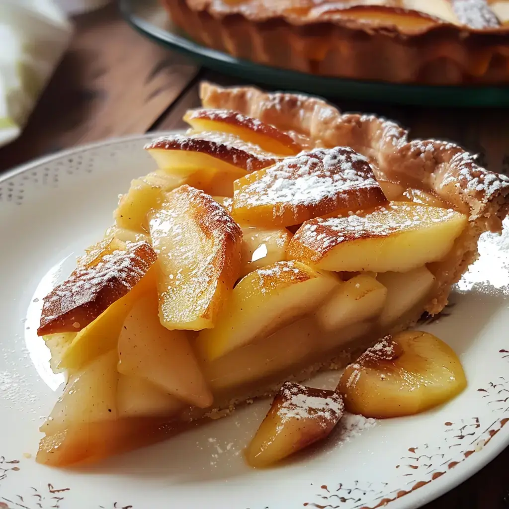 Une part de tarte-flan aux pommes décorée de tranches de pommes dorées et saupoudrée de sucre glace, servie sur une assiette en porcelaine.