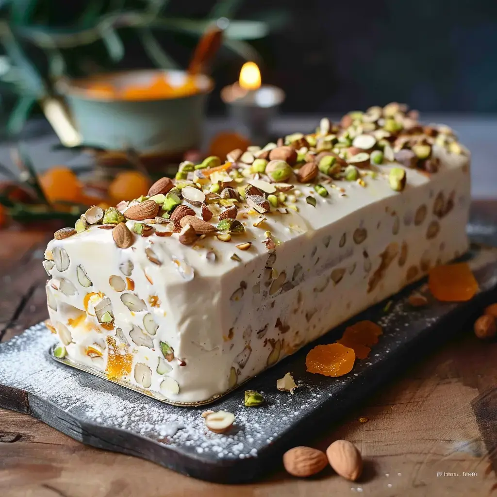 Un dessert glacé garni de fruits secs et noix, orné d'amandes et pistaches, posé sur une planche en bois.