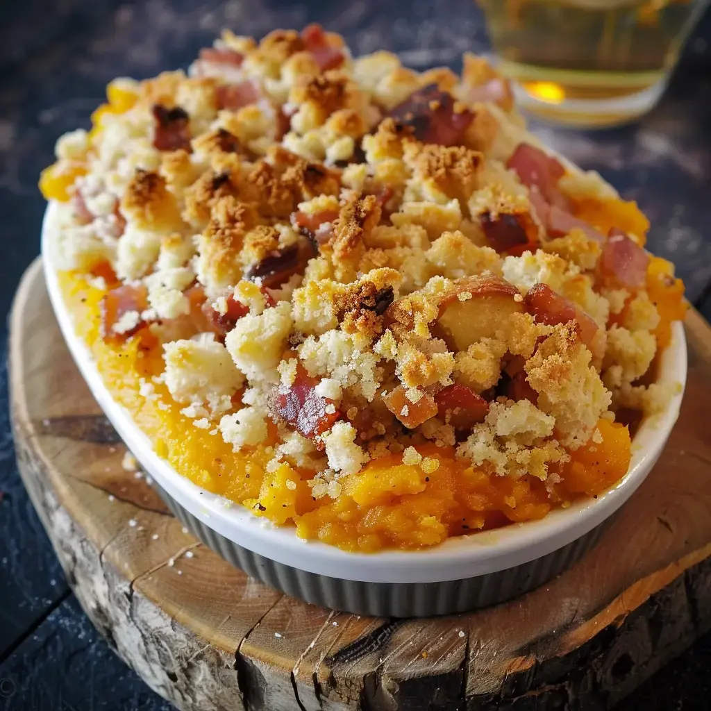 Un crumble de butternut aux lardons, surmonté d'une croûte dorée, servi dans un plat en céramique blanche sur une planche en bois.