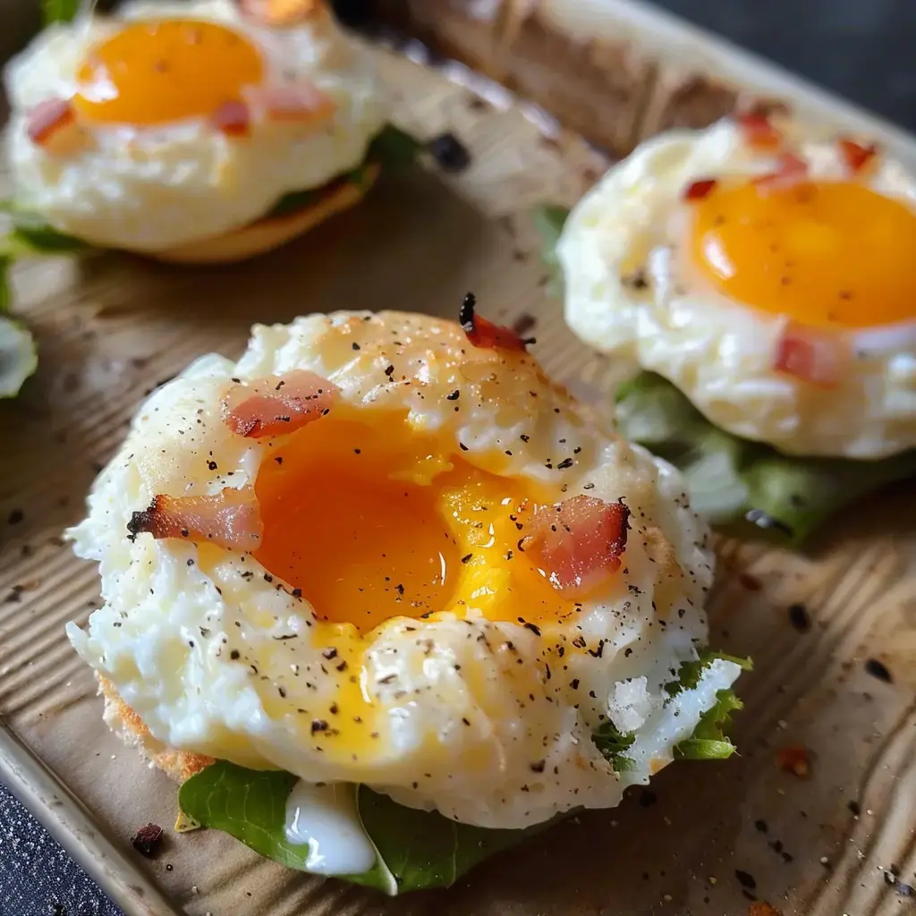 Œufs en nuage garnis de lardons fumés et poivre noir, dressés sur mesclun frais