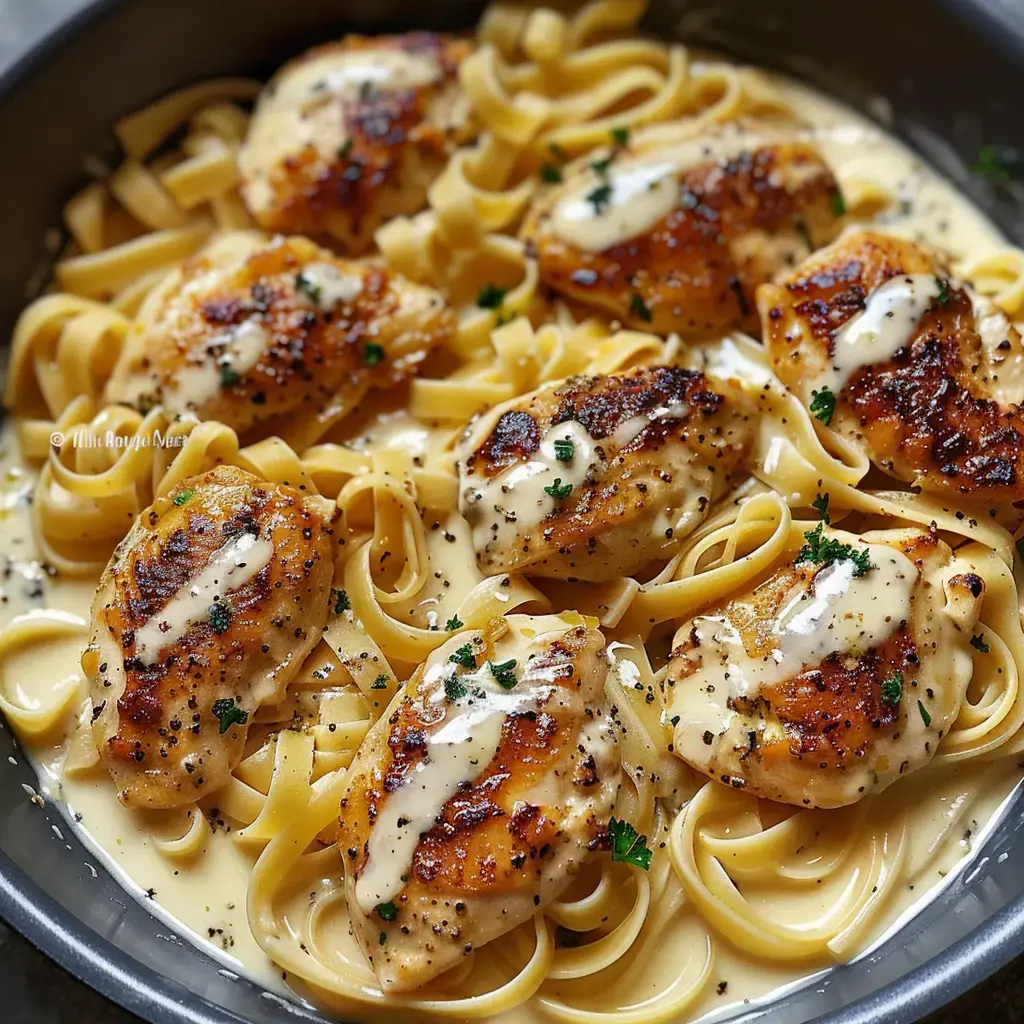 Une assiette de pâtes recouverte de morceaux de poulet grillés et d'une sauce crémeuse, avec du persil parsemé dessus.