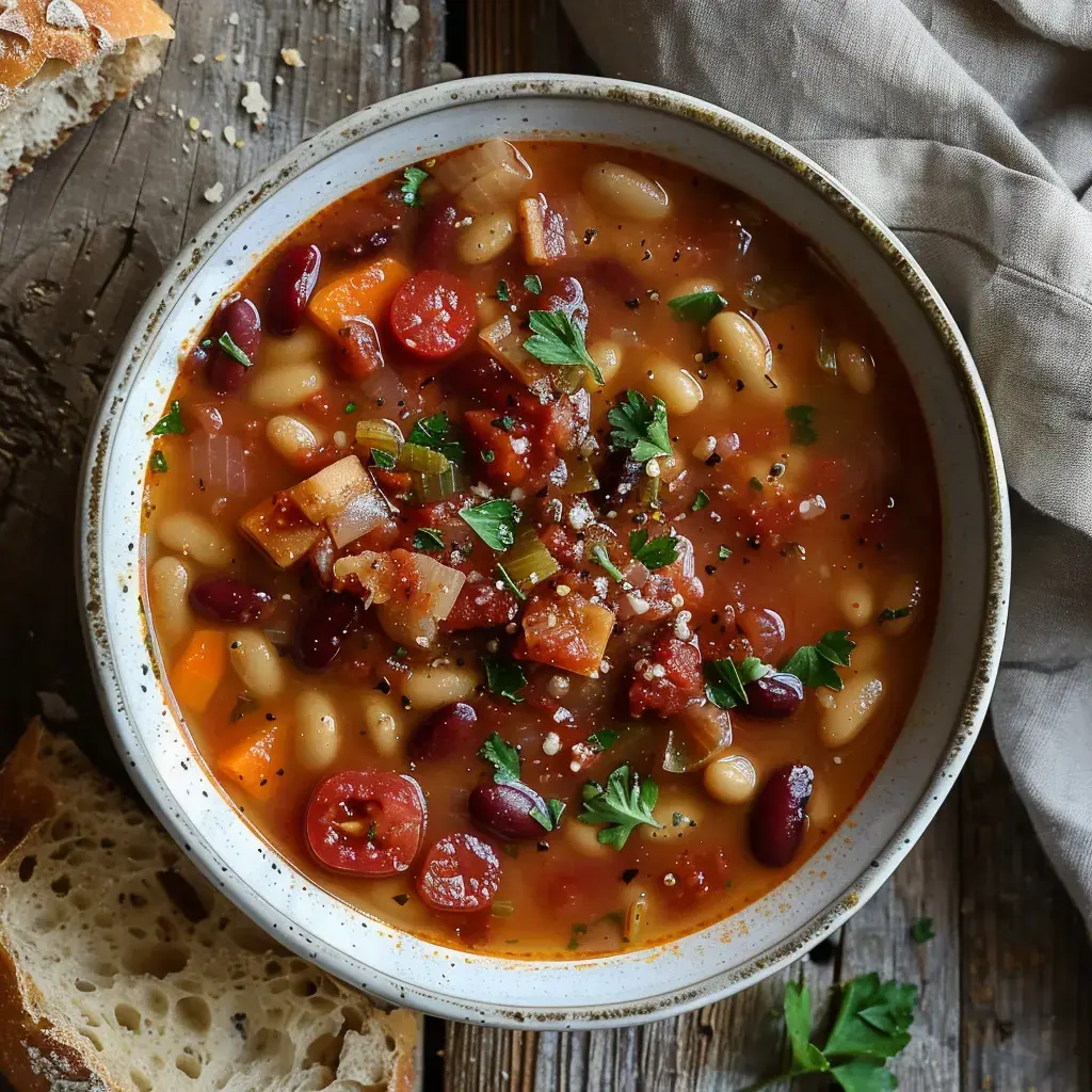 Un bol de soupe aux haricots garni de persil, avec des morceaux de légumes et de viande, accompagné de pain sur une table en bois.