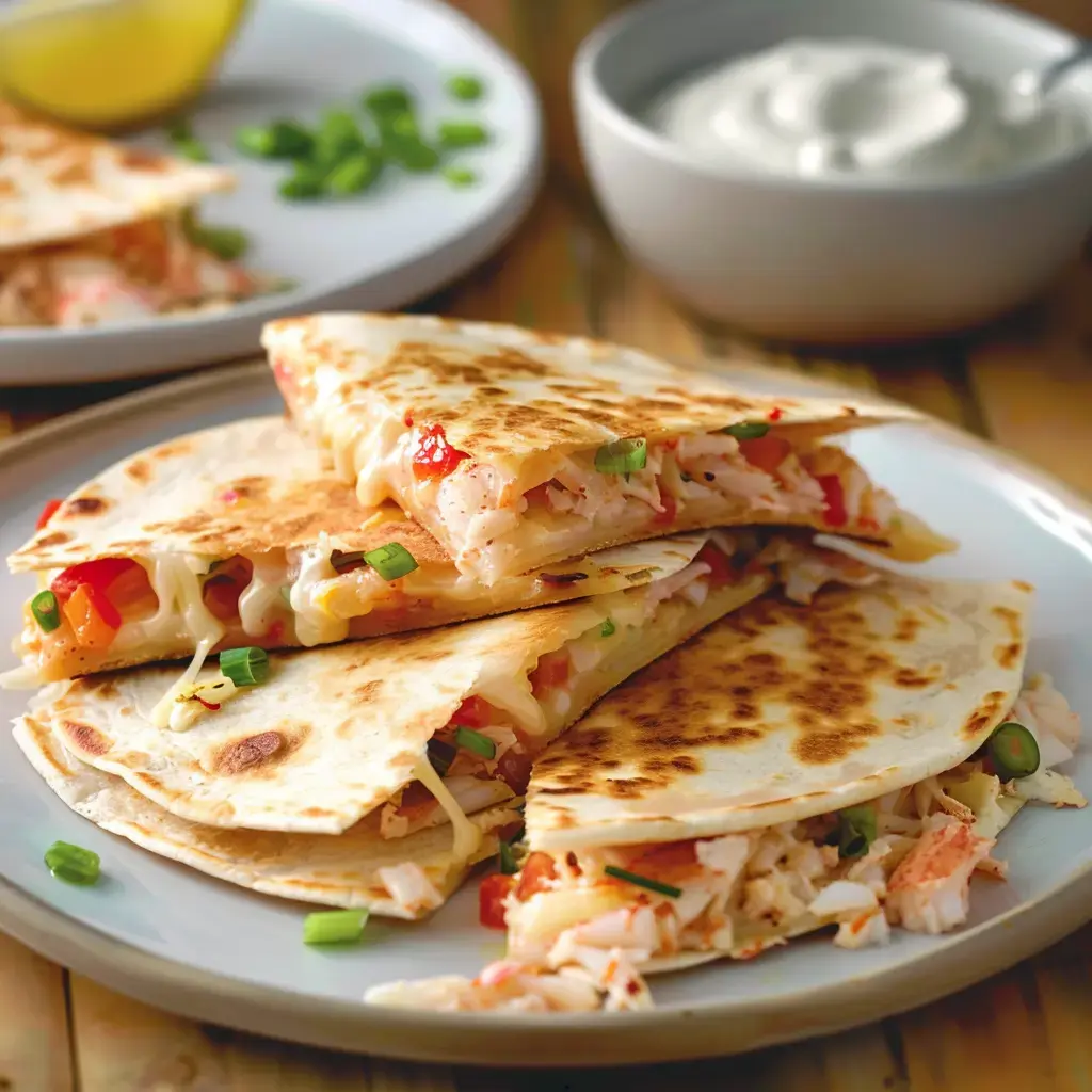 Des quesadillas dorées farcies de fromage, de poulet et de légumes, accompagnées d'une sauce onctueuse.