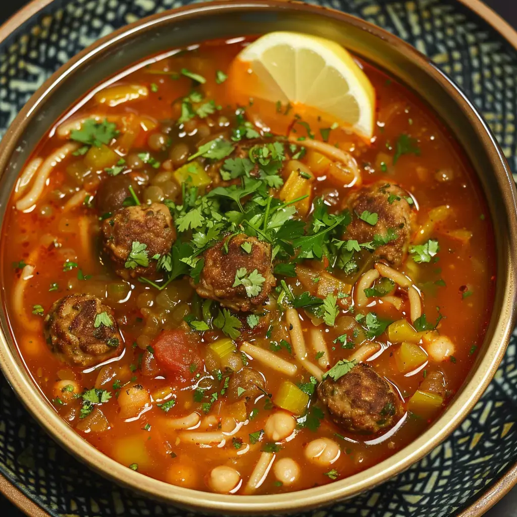 Soupe Harira fumante garnie de boulettes de viande, légumes et herbes fraîches, avec quartier de citron