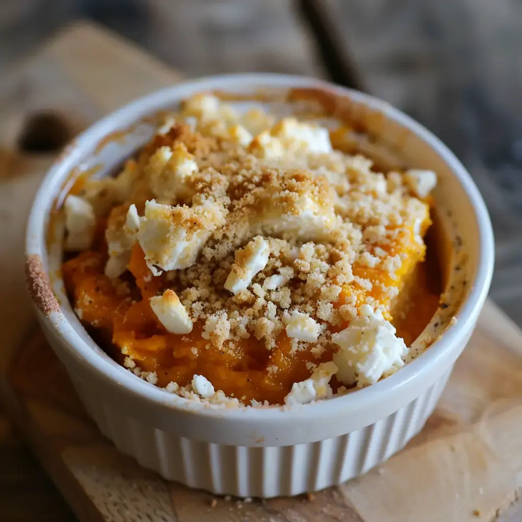 Crumble de potimarron au chèvre servi dans un plat en céramique, avec une croûte dorée et croustillante