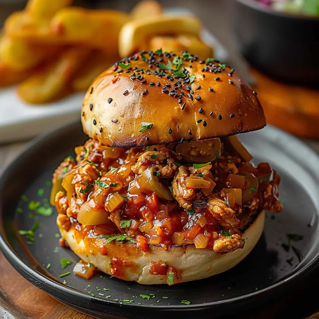 Un hamburger garni de viande hachée dans une sauce tomate avec des oignons et des poivrons, servi avec des frites en arrière-plan.