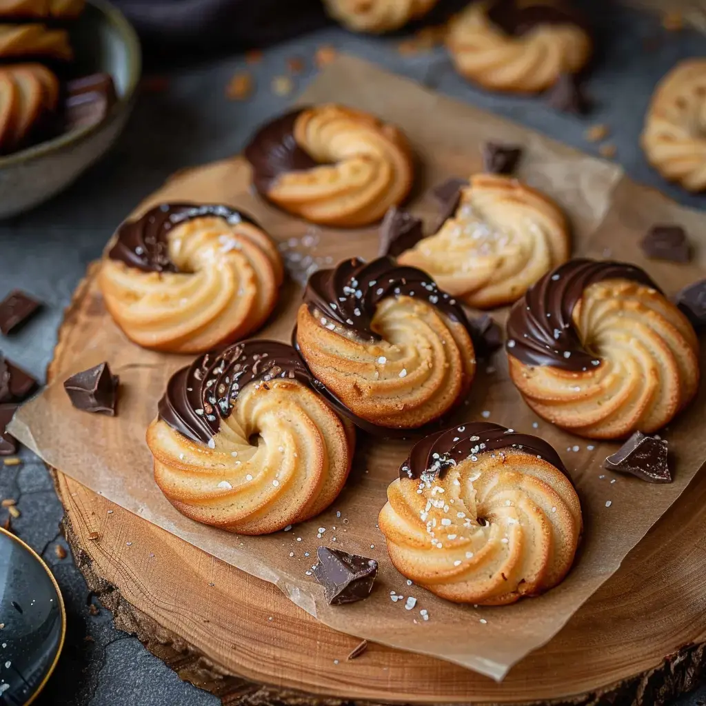 Des biscuits spiralés avec du chocolat et des cristaux de sel, arrangés sur papier dans un plat en bois.