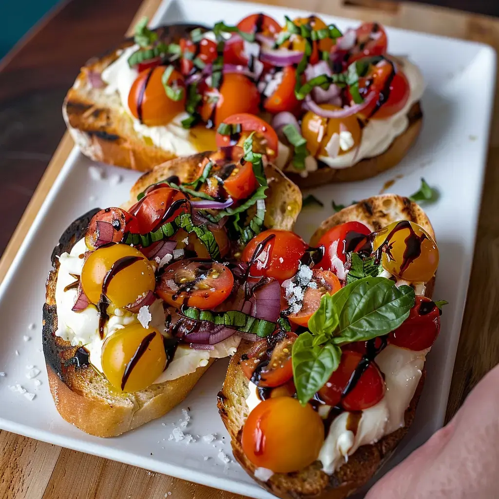 Des tartines garnies de tomates cerises multicolores, d'oignons rouges, de basilic et de balsamique sur une base de pain grillé.