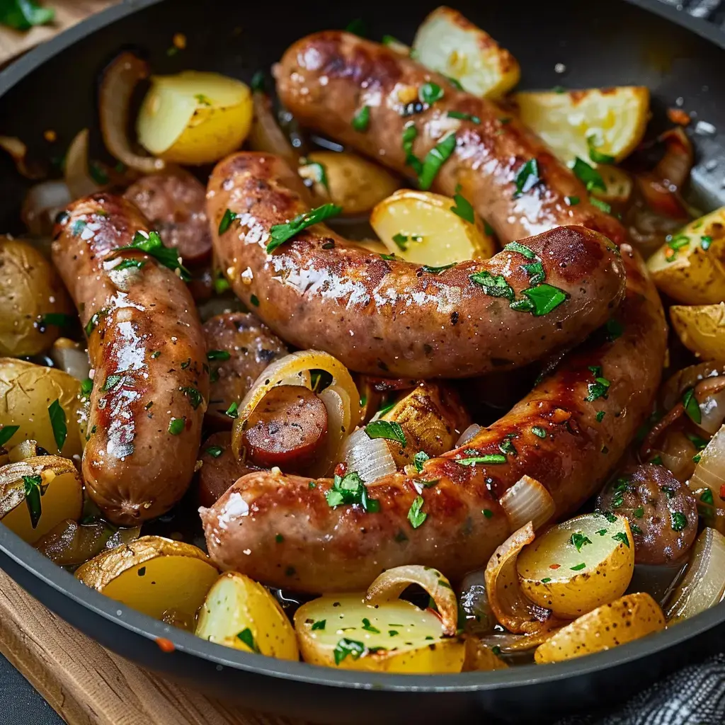 Une poêle remplie de saucisses dorées, pommes de terre et oignons, parsemée de persil frais.