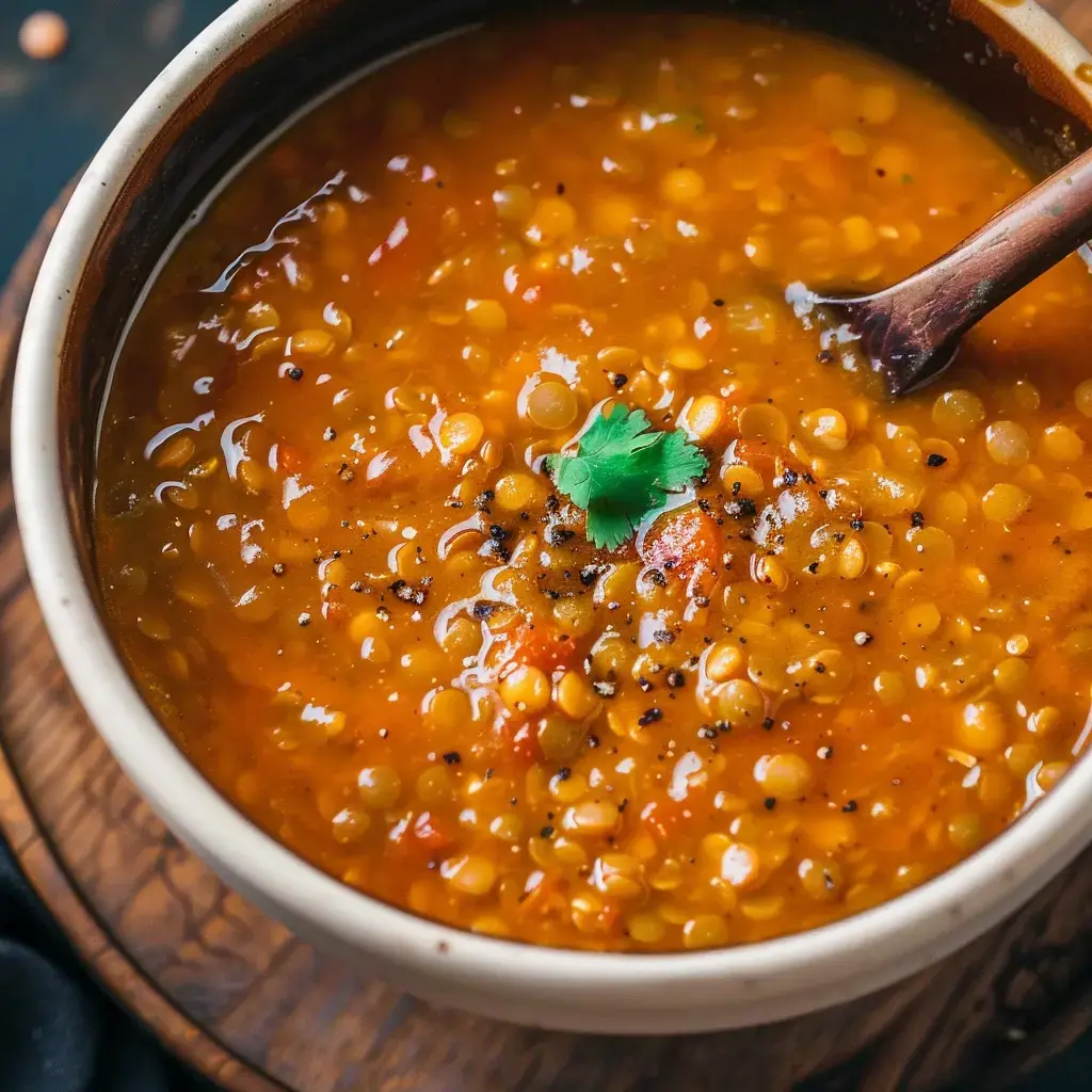 Une soupe de lentilles fumante garnie de fines herbes dans un bol en céramique