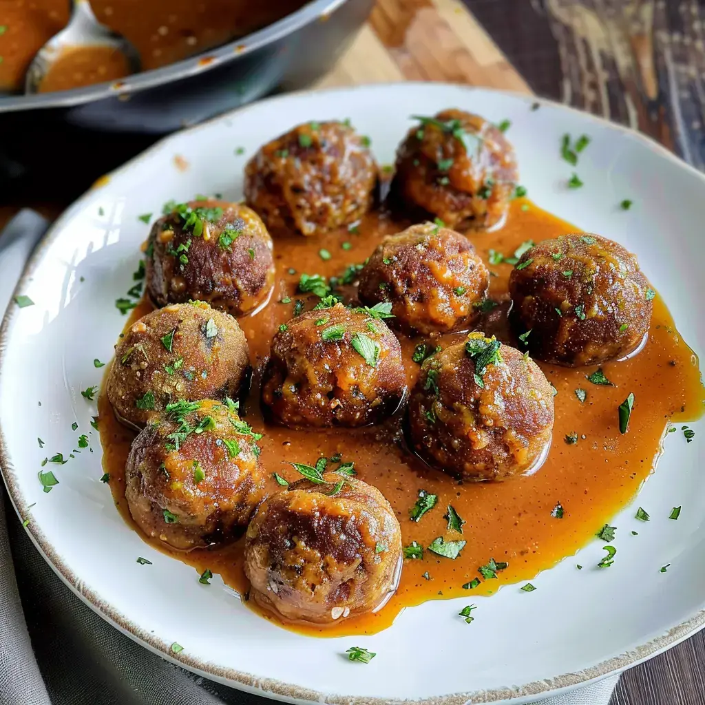 Boulettes végétales nappées de sauce, parsemées de persil frais sur une assiette blanche.