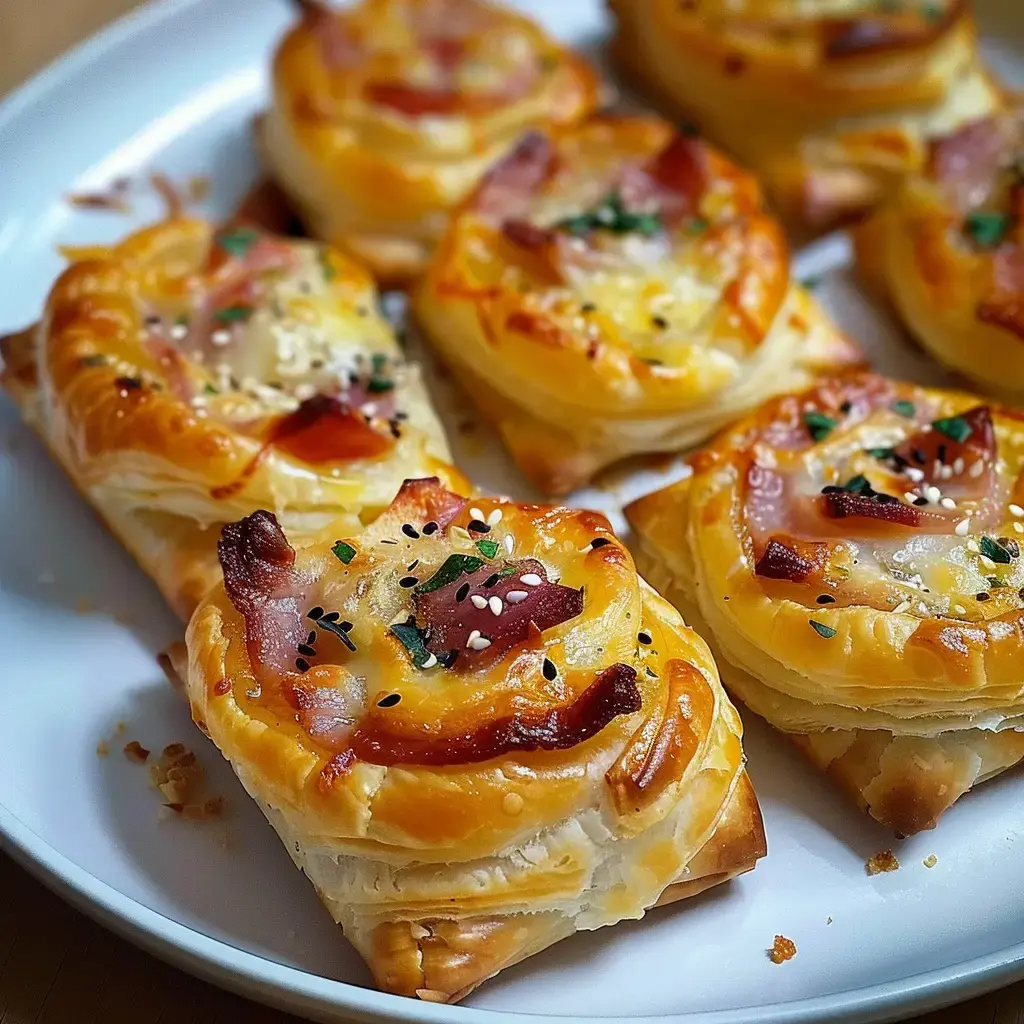 Des petits feuilletés bien dorés farcis de fromage, jambon et herbes, présentés sur une assiette blanche.