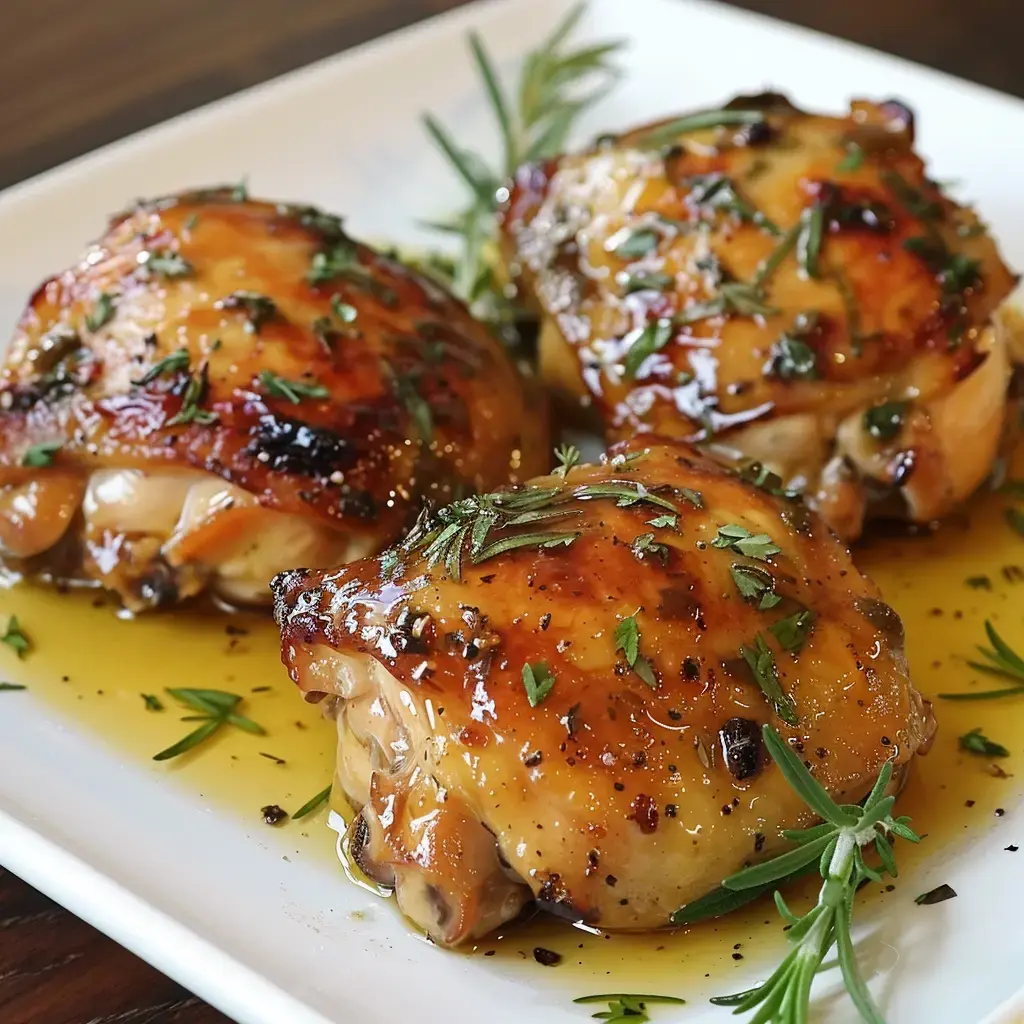 Des morceaux de poulet dorés et luisants, parsemés d'herbes fraîches, présentés dans une assiette blanche.