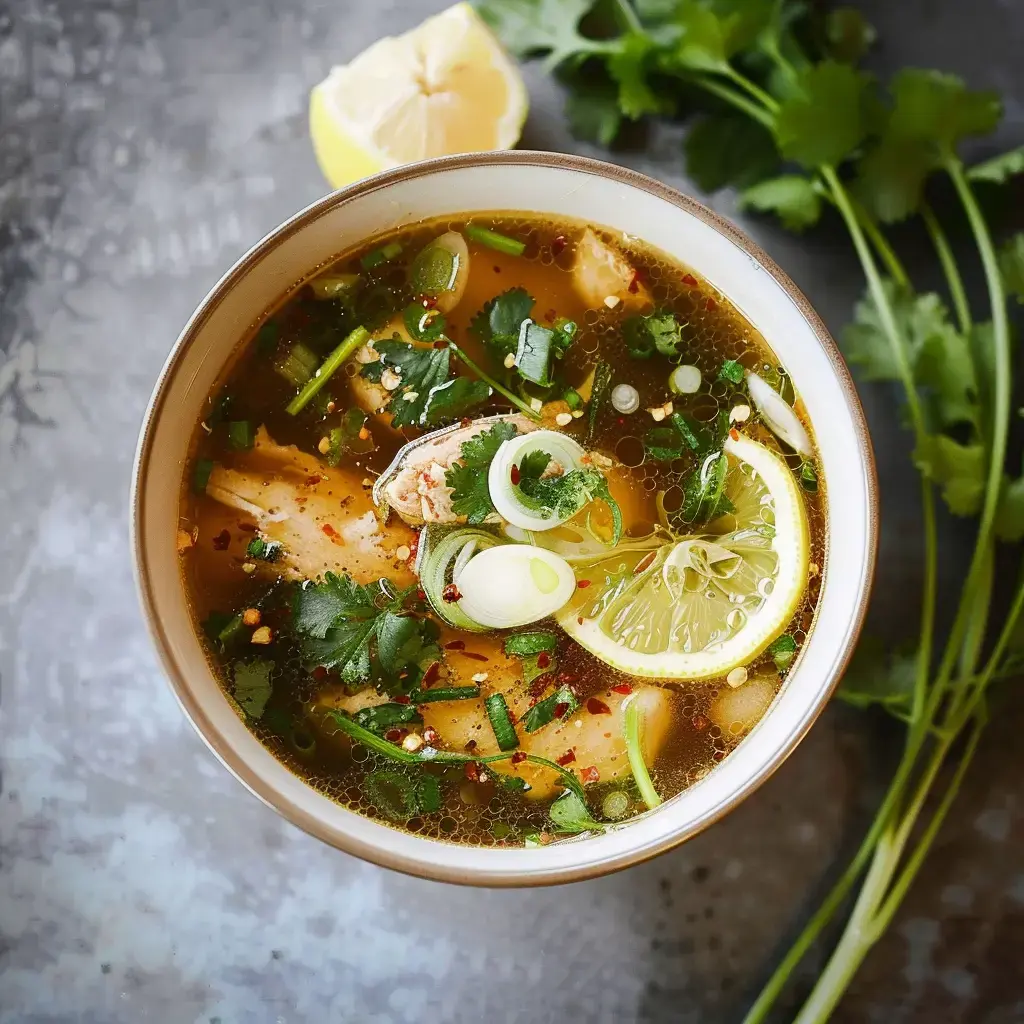 Un bol de soupe asiatique fumante avec des morceaux de poulet Label Rouge, garnie d'herbes fraîches et d'agrumes