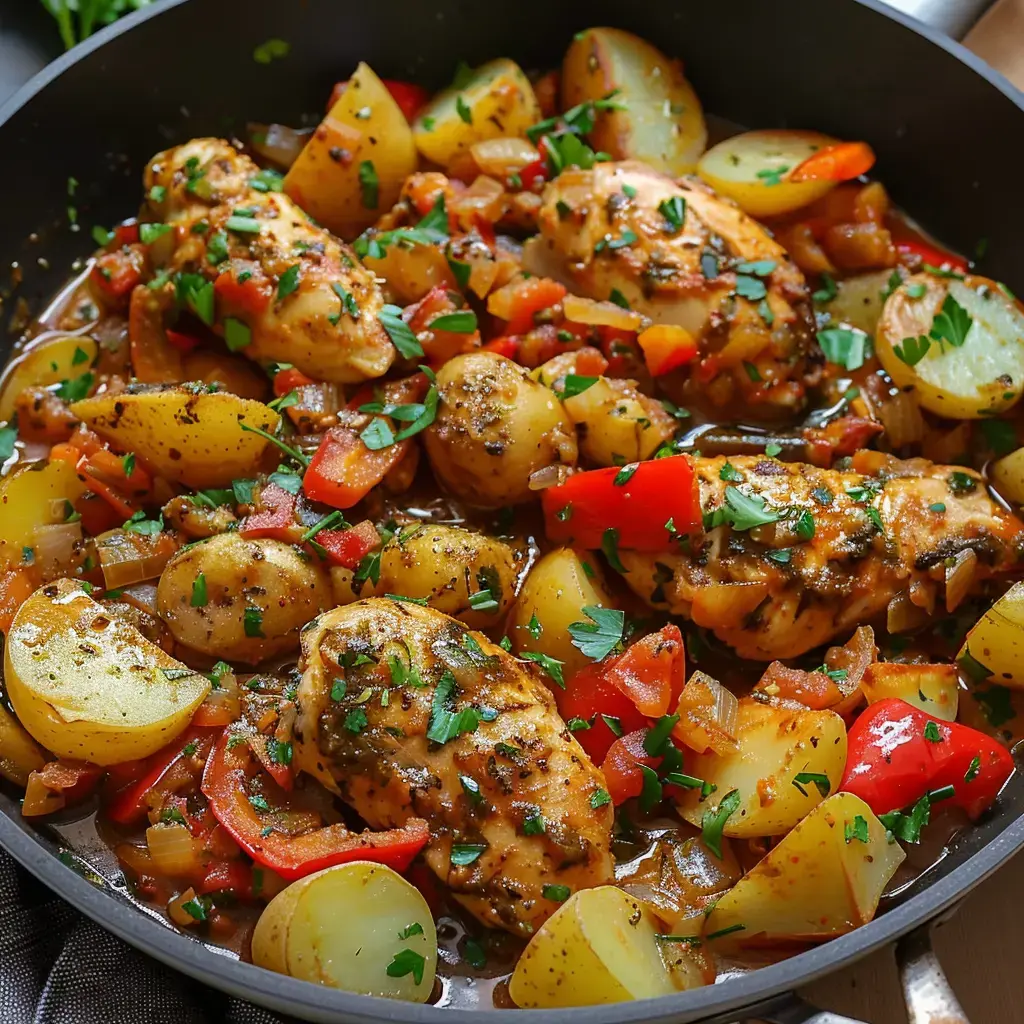Un plat mijoté de poulet avec pommes de terre, poivrons et oignons, parsemé de persil.