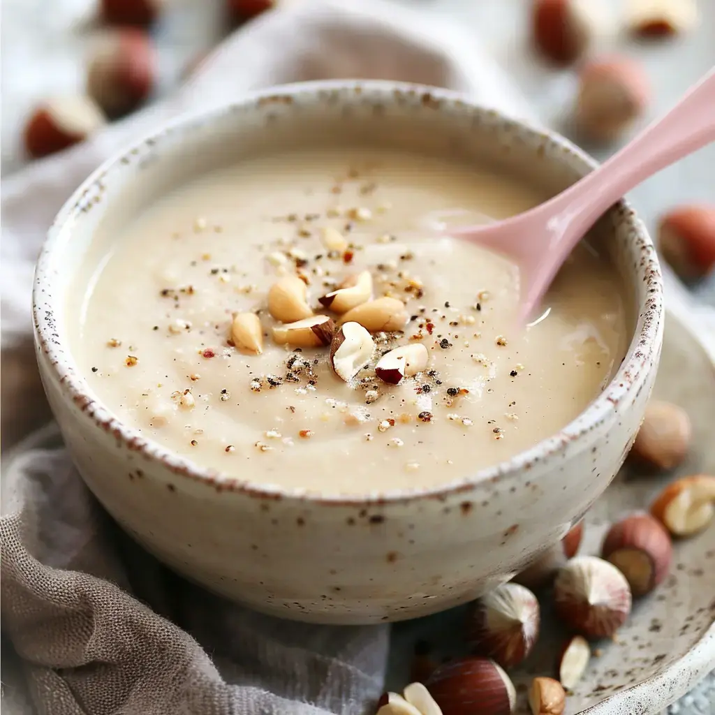 Un bol de velouté de courge patidou, garni de noisettes concassées et d'herbes fraîches, accompagné d'une cuillère en porcelaine.