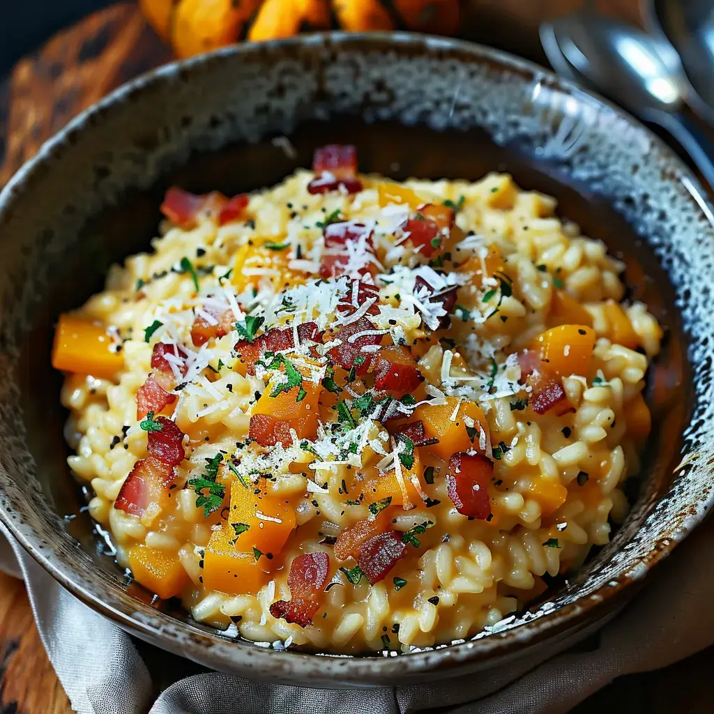 Un risotto crémeux garni de courge butternut, lardons dorés et copeaux de parmesan, présenté dans un bol élégant