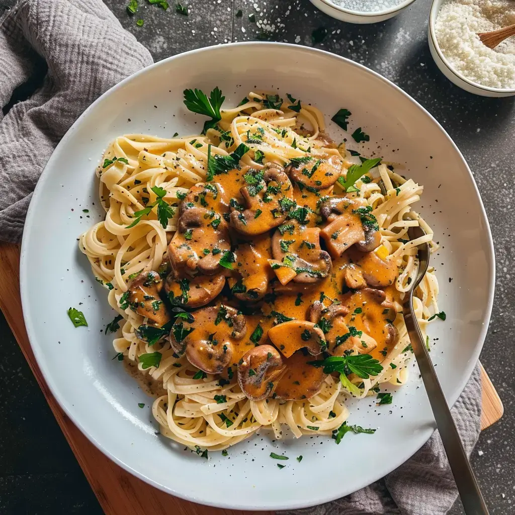 Un plat de tagliatelles nappées d'une sauce onctueuse aux champignons et parsemé de persil frais.