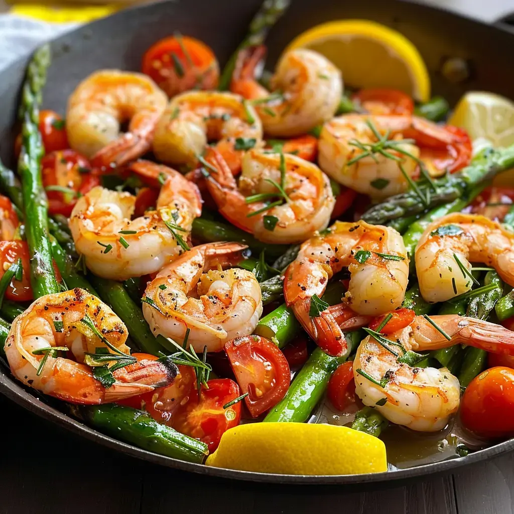 Une poêle remplie de gambas dorées, de tomates cerises juteuses et d'asperges vertes, avec des tranches de citron et quelques herbes pour décorer.