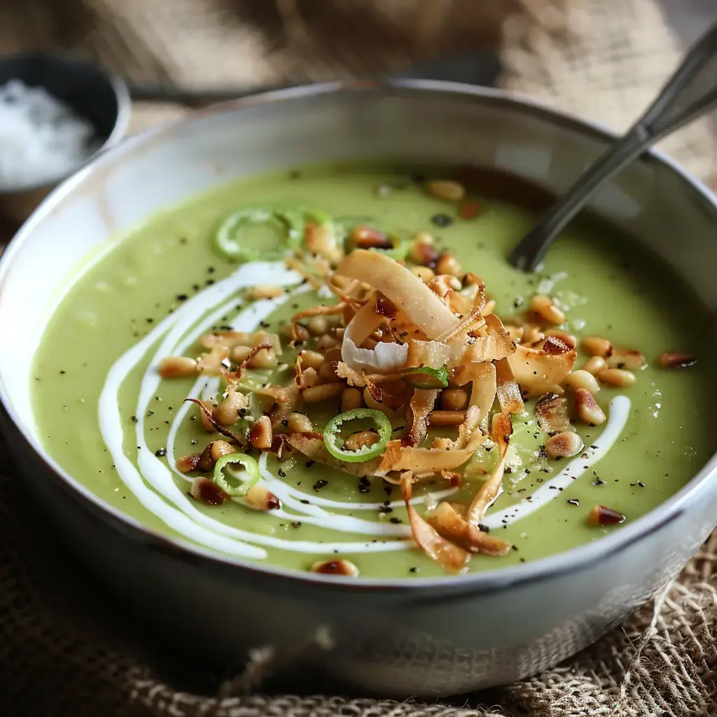 Velouté onctueux aux teintes vertes, garni d'oignons frits, pignons et crème