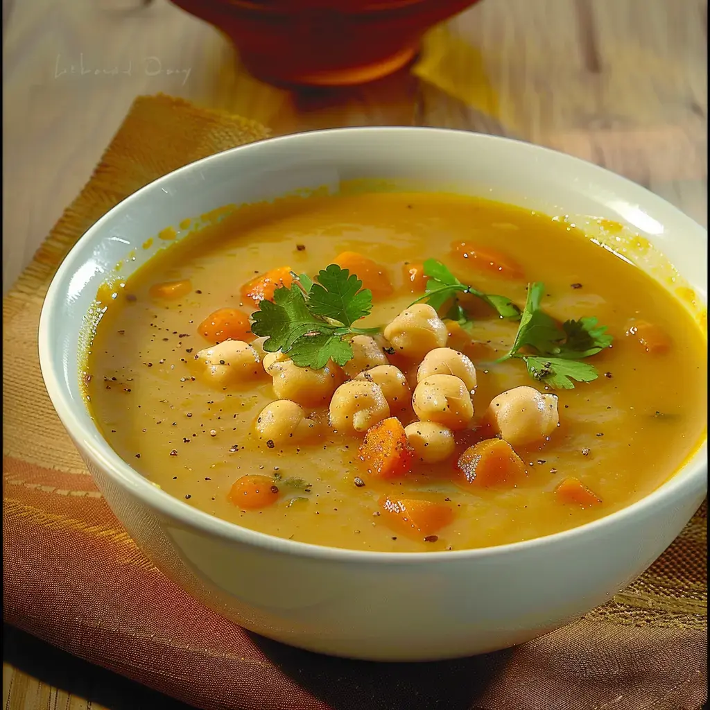 Soupe crémeuse aux pois chiches et carottes, garnie de coriandre fraîche dans une élégante soupière blanche