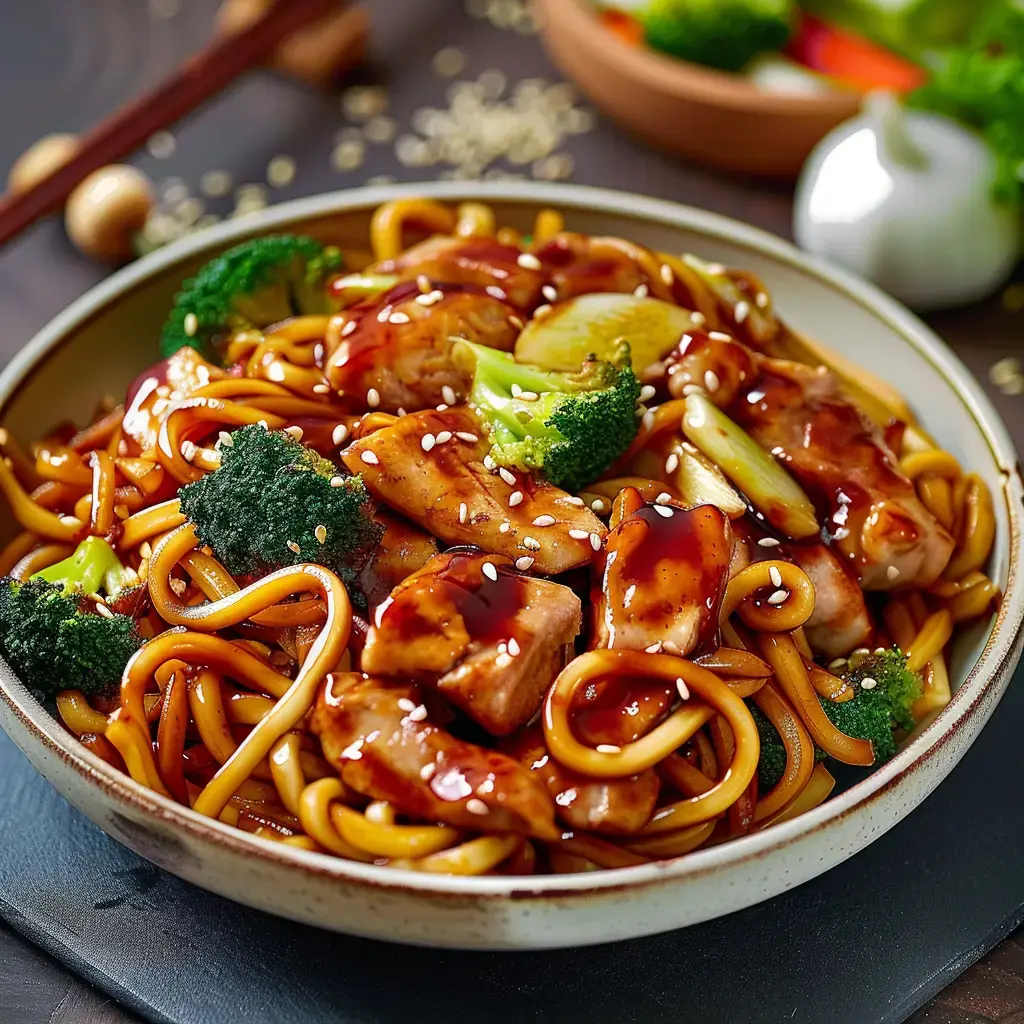 Un mélange de nouilles asiatiques avec des morceaux de poulet, du brocoli et de la sauce, parsemé de graines de sésame.