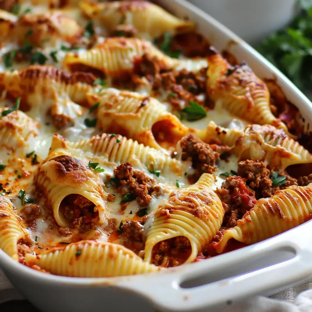 Un plat de conchiglioni farcis au bœuf et fromages, dorés au four et décorés de persil frais.