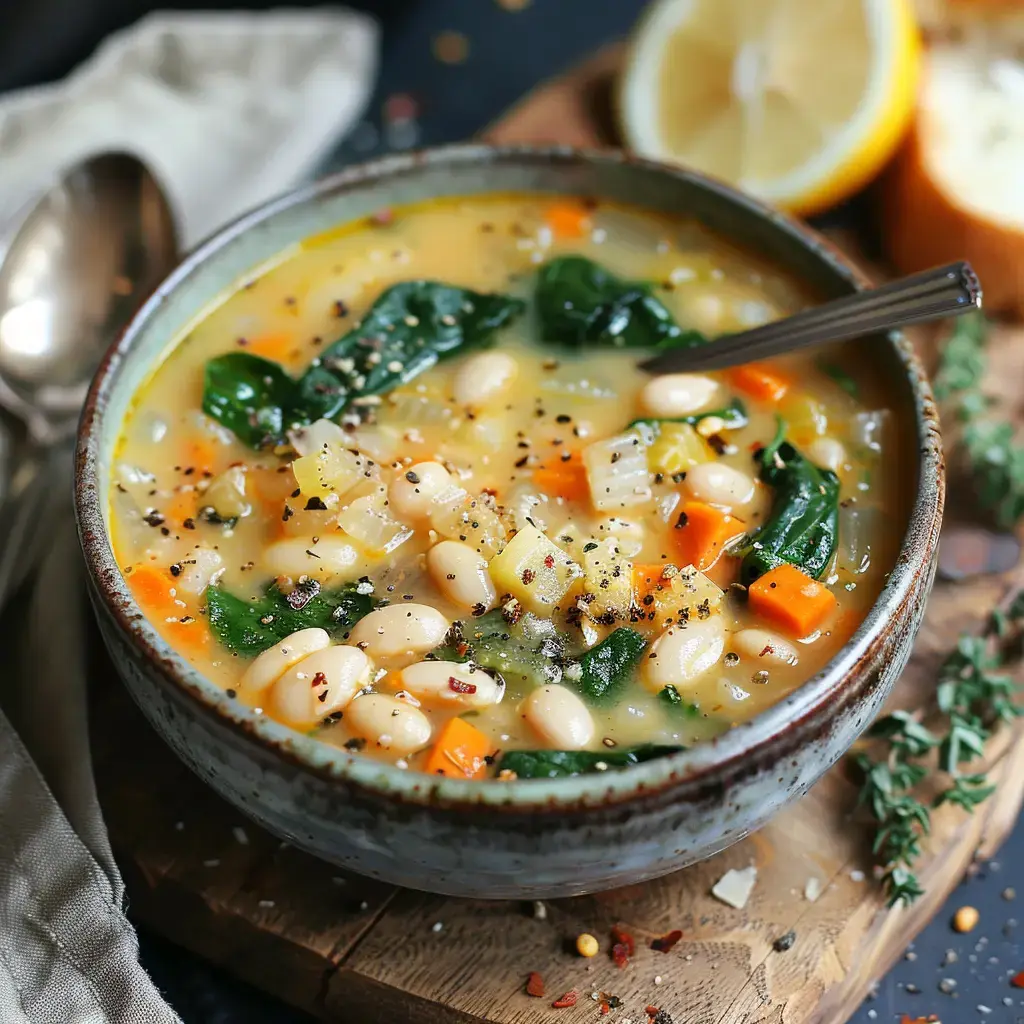 Une soupe crémeuse aux haricots de Soissons garnie d'épinards et de Comté, servie avec du citron et du pain tradition