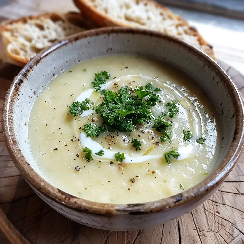 Un velouté crémeux garni de coriandre fraîche et d'un trait de crème, servi avec des morceaux de pain.