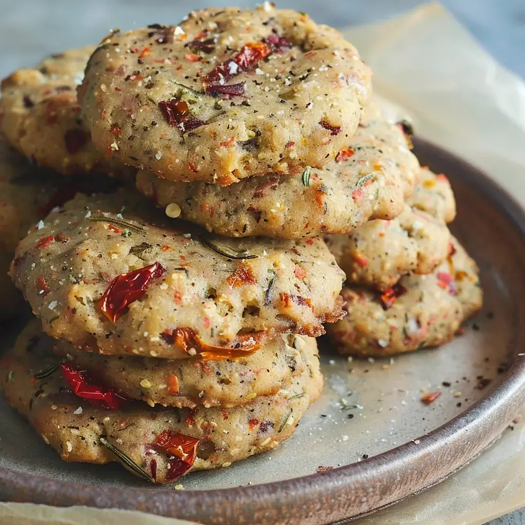 Biscuits salés artisanaux aux tomates séchées et herbes de Provence sur une assiette rustique
