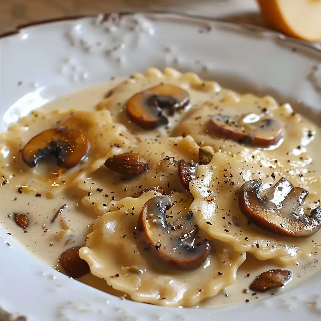 Des ravioles du Dauphiné nappées d'une sauce au roquefort avec des girolles dorées et graines de courge