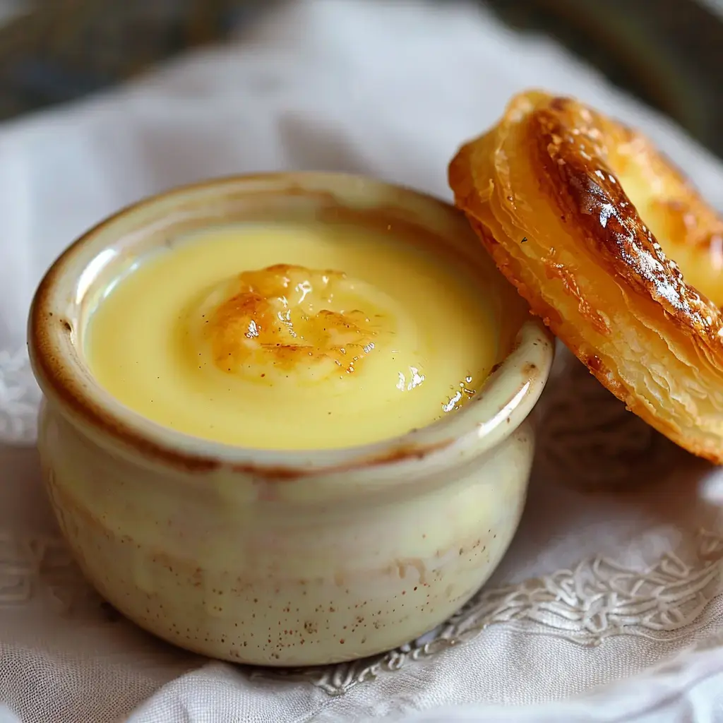 Une crème pâtissière onctueuse dans un bol en porcelaine, accompagnée d'une viennoiserie dorée