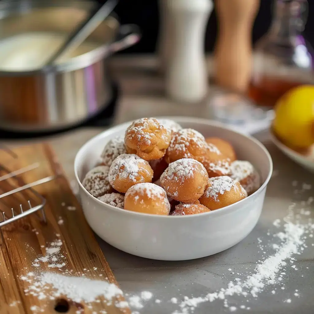 Beignets dorés saupoudrés de sucre glace, présentés dans un bol en céramique avec accessoires de pâtisserie en arrière-plan