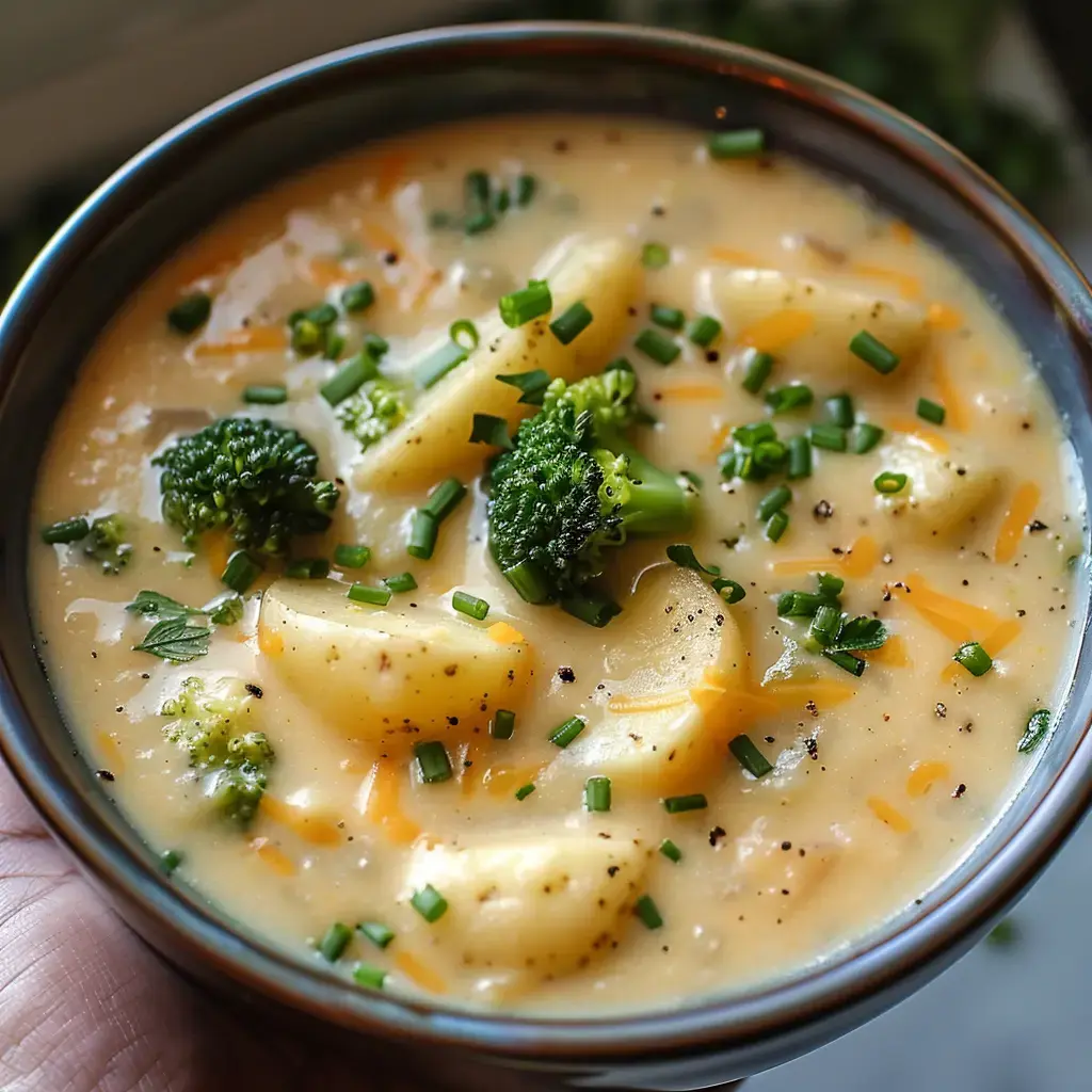 Un velouté crémeux garni de pommes de terre, brocoli et ciboulette fraîche