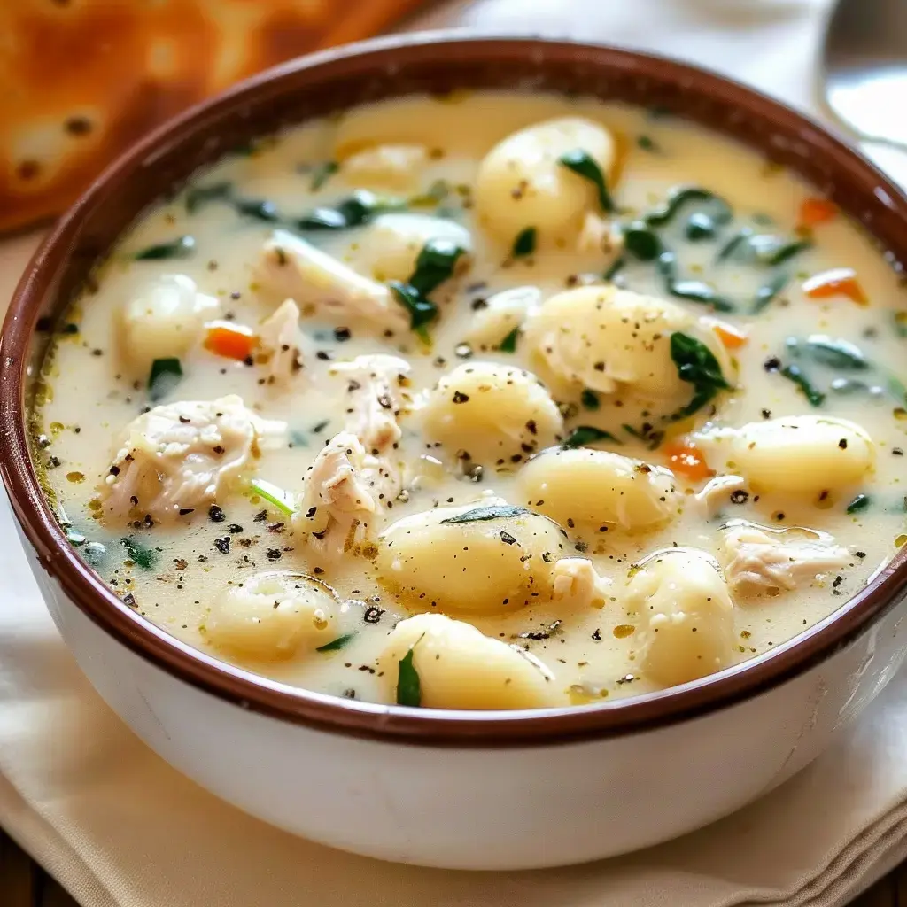 Une soupe crémeuse garnie de gnocchis dorés, morceaux de poulet, épinards frais et légumes, parsemée de poivre noir fraîchement moulu