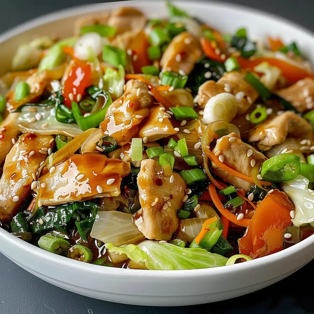 Un sauté de poulet avec des légumes colorés, parsemé de graines de sésame et de ciboulette.