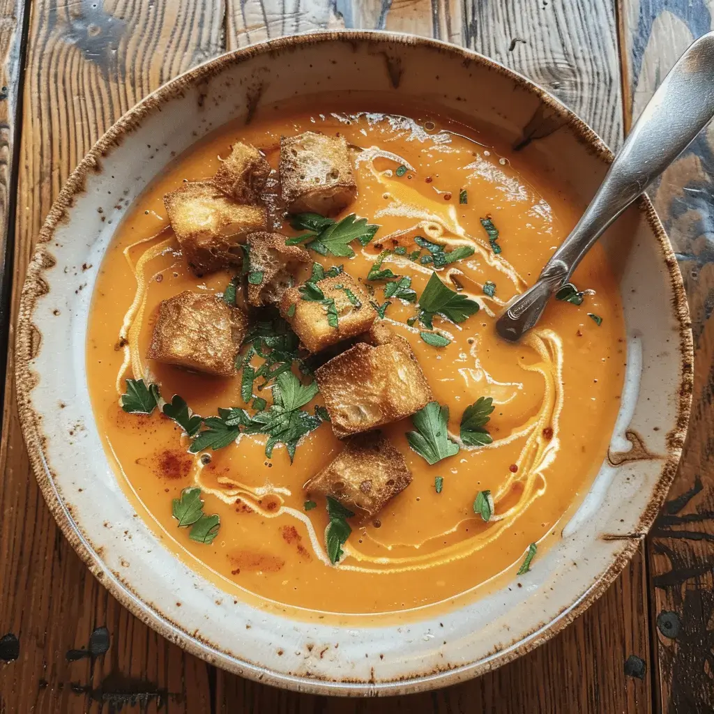 Un velouté orange décoré de croûtons bien dorés et de persil haché.