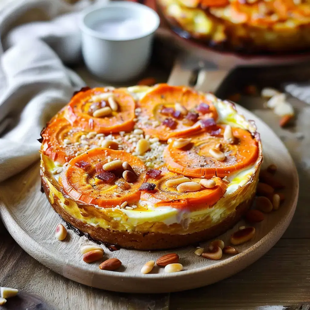 Une quiche dorée aux légumes, parsemée d'amandes, servie sur une planche en bois rustique